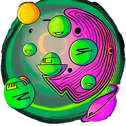 alien planet with continents, black background, ambient occlusion, futurism, deep color, green and magenta, beautiful, heat wave, tornadic, psychedelic, detailed painting, 3D shading, dynamic lighting ===seed image for==> cartoonish 2d planet aliens and ufo, black background